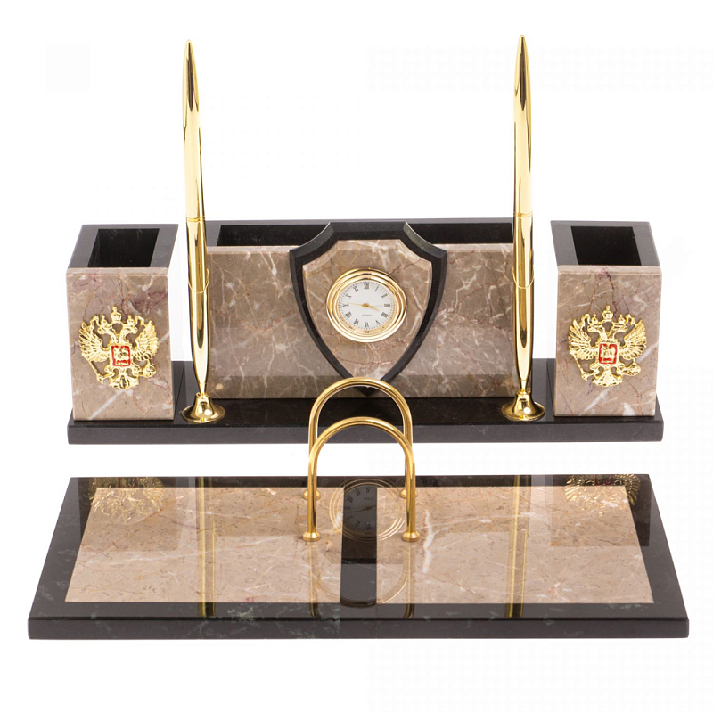 Настольный письменный набор из бежевого мрамора с часами и гербом Marble Accessory Бежевый Черный Золотой Настольный письменный набор из бежевого мрамора с часами и гербом Marble Accessory Бежевый Черный Золотой в Твери | Loft Concept