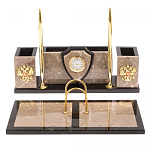Настольный письменный набор из бежевого мрамора с часами и гербом Marble Accessory варинант исполнения - 1 | Loft Concept в Твери