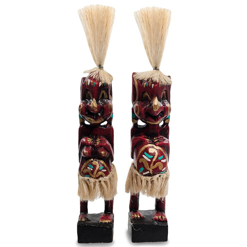 Комплект из 2-х деревянных статуэток Asmat Straw Headdress Statuettes Red Tattoo Красный Бежевый Золотой Мульти в Твери | Loft Concept 