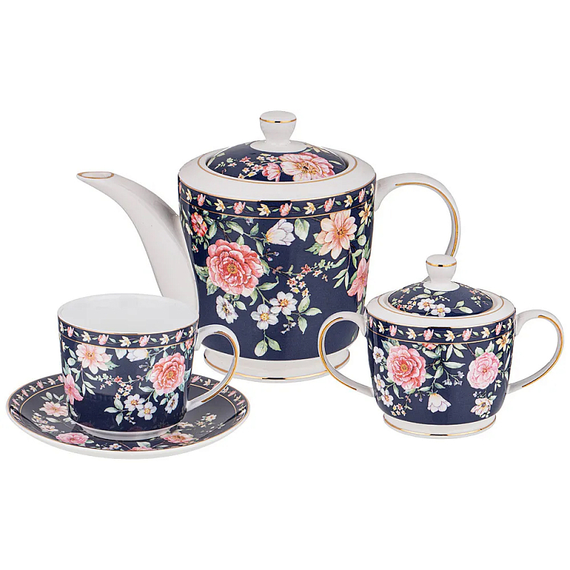 Чайный сервиз из фарфора синий на 6 персон 14 предметов Flower Porcelain Collection Синий Мульти в Твери | Loft Concept 