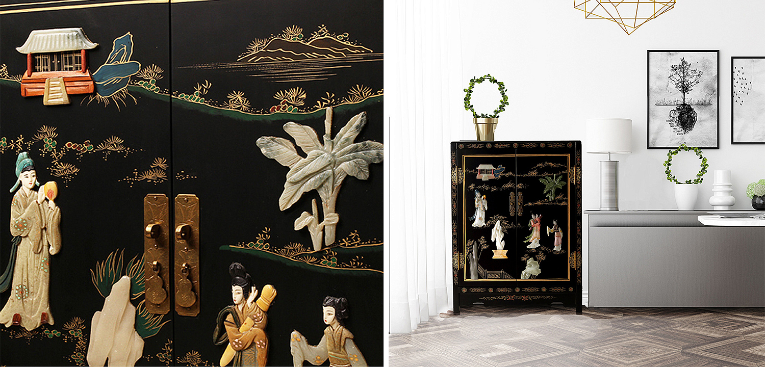 Черный Двухдверный Комод в Китайском стиле с каменным Барельефом Black Chinese Chest of drawers Черный Двухдверный Комод в Китайском стиле с каменным Барельефом Black Chinese Chest of drawers - Loft-Concept в Твери