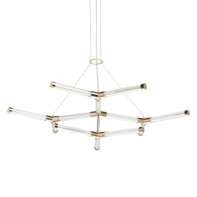 Люстра с геометрической конструкцией из вытянутых цилиндрических плафонов Hex Scaffold  Белый Золотой в Твери | Loft Concept 