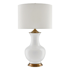 Настольная лампа белого цвета с фарфоровым основанием и латунными акцентами и тканевым абажуром Currey & Company