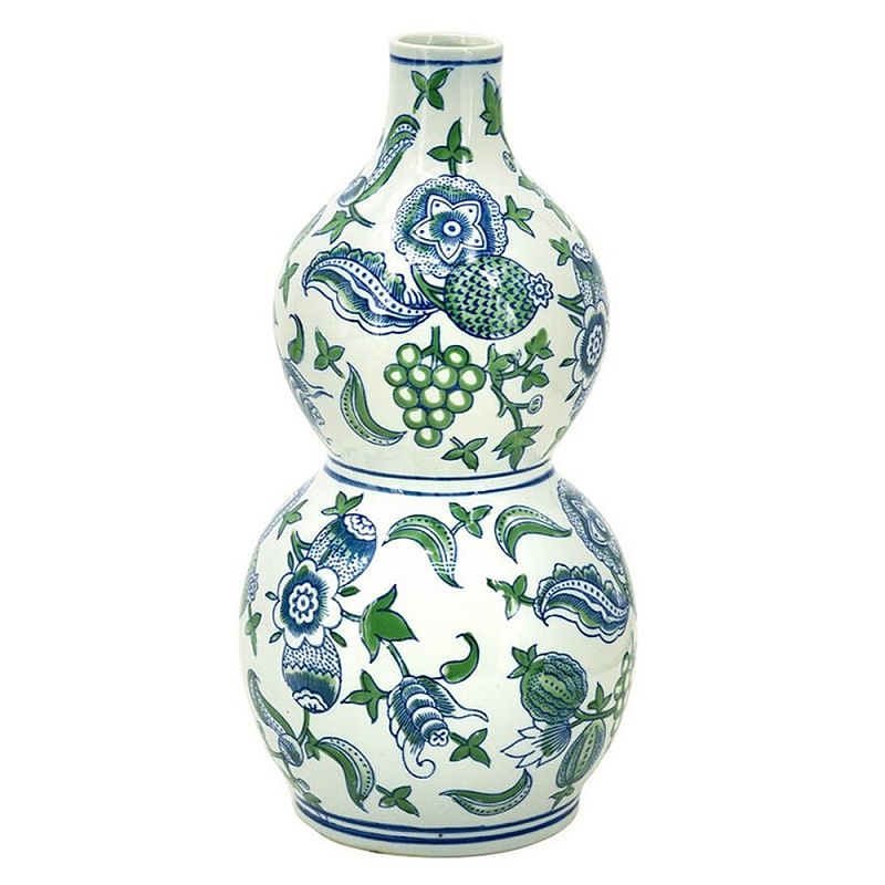 Ваза фигурная с сине-зелеными узорами распустившихся цветов Blossoming Spring Зеленый Белый Синий в Твери | Loft Concept 