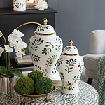 Ваза белая с крышкой с рисунком зеленых и золотых листьев 48 см Chinoiserie Ceramics варинант исполнения - 4 | Loft Concept в Твери