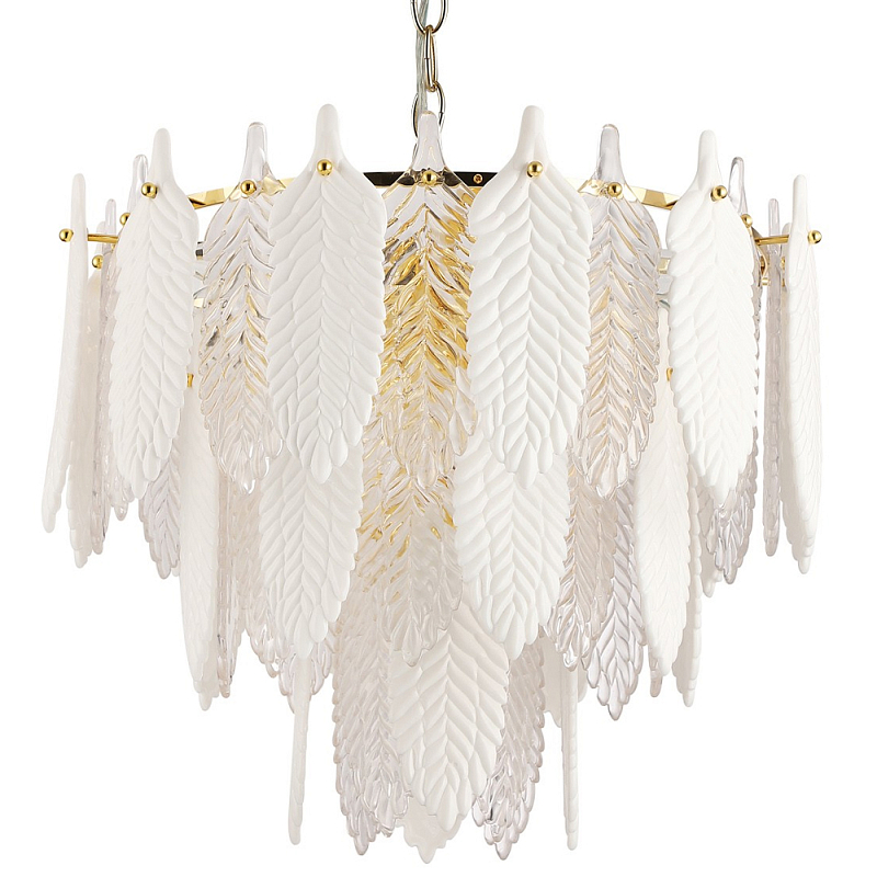 Люстра с декором из рельефного стекла в виде перьев Abelia Feather Chandelier 10 Белый Прозрачный Золотой Люстра с декором из рельефного стекла в виде перьев Abelia Feather Chandelier 10 Белый Прозрачный Золотой в Твери | Loft Concept