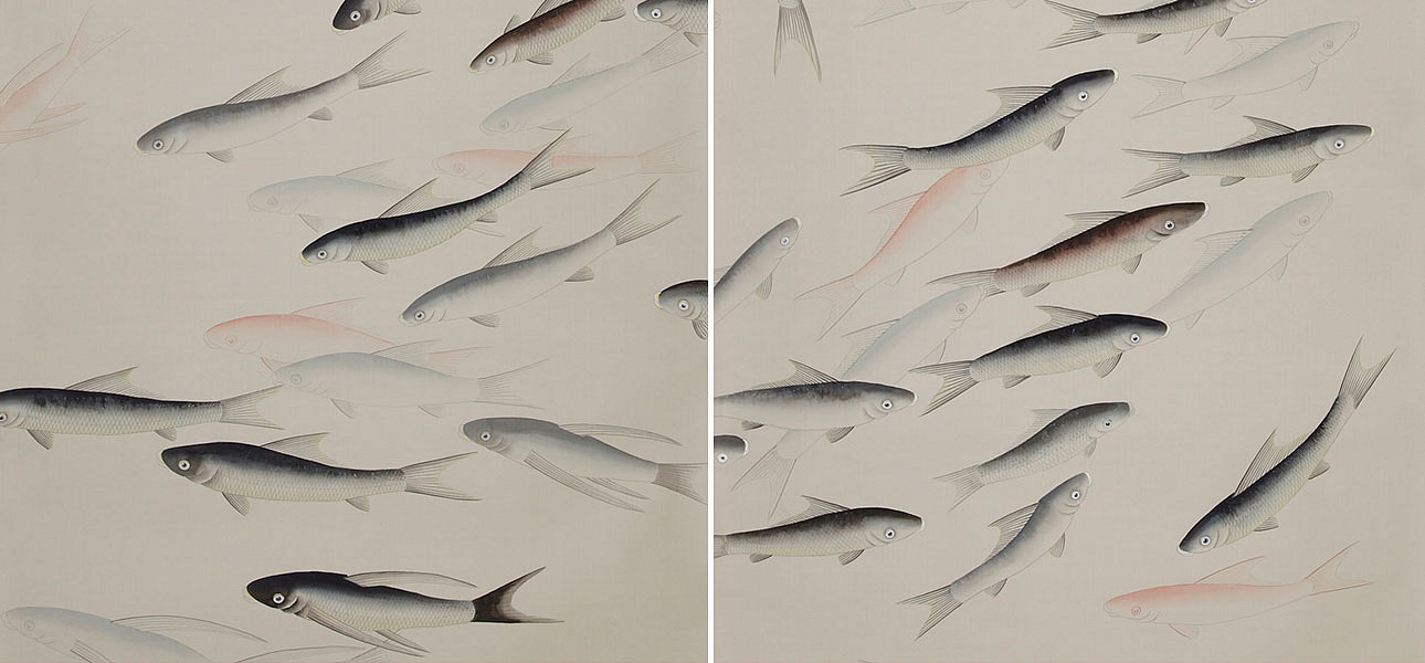 Обои ручная роспись Fishes Blue Pearl on Icefield dyed silk Обои ручная роспись Fishes Blue Pearl on Icefield dyed silk - Loft-Concept в Твери