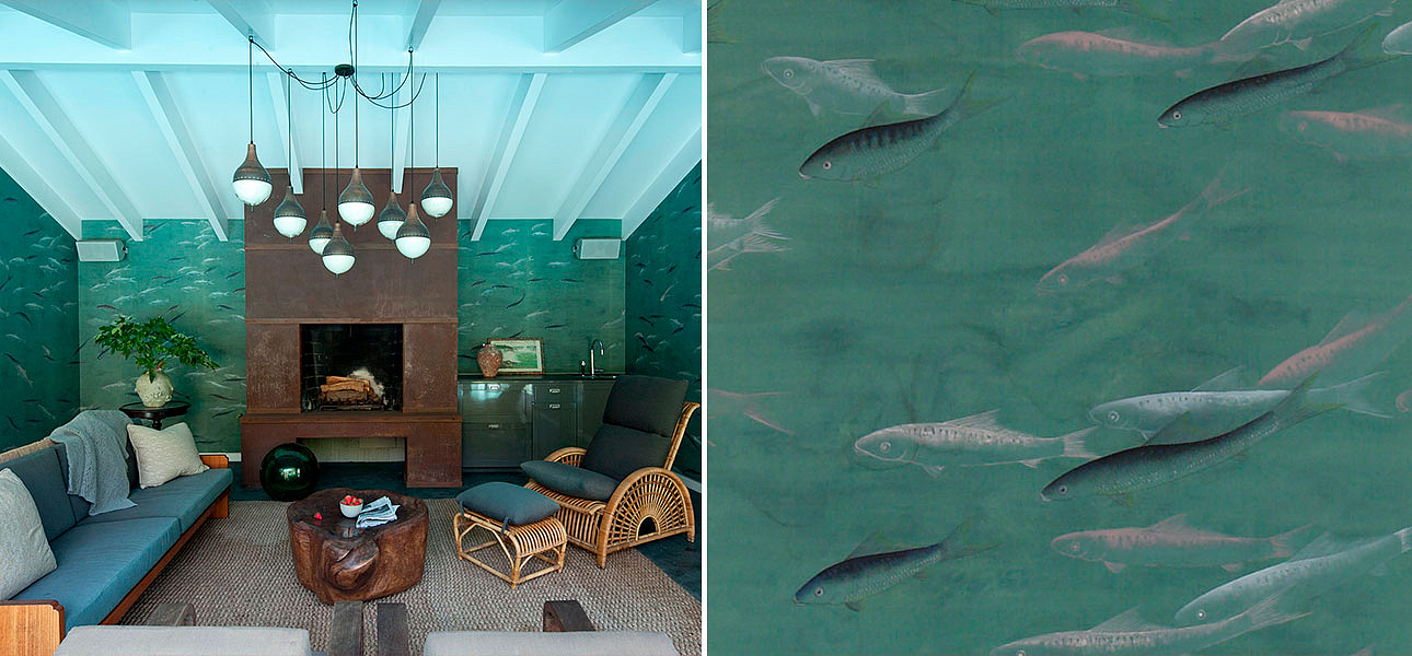 Обои ручная роспись Fishes Special Colourway on blue green painted silk with antiquing Обои ручная роспись Fishes Special Colourway on blue green painted silk with antiquing - Loft-Concept в Твери
