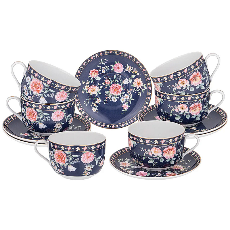 Чайный набор из фарфора синий на 6 персон 12 предметов Flower Porcelain Collection Синий Мульти Чайный набор из фарфора синий на 6 персон 12 предметов Flower Porcelain Collection Синий Мульти в Твери | Loft Concept