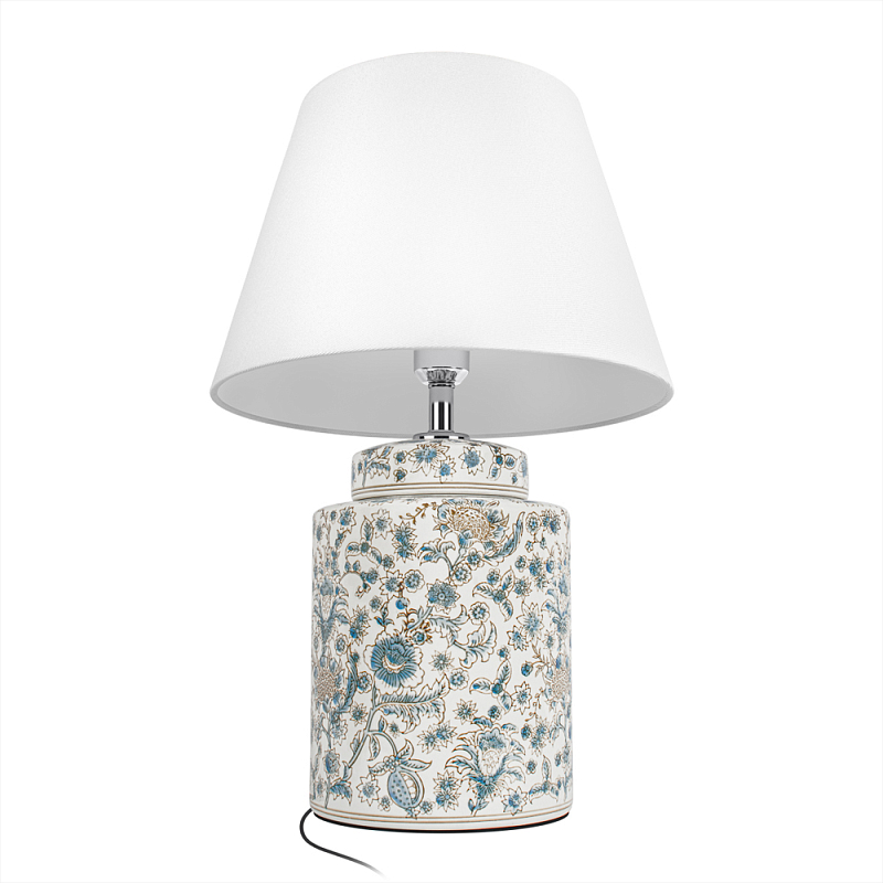 Настольная лампа цилиндрическая с цветочной росписью Lamp Flower Painting Белый Синий в Твери | Loft Concept 