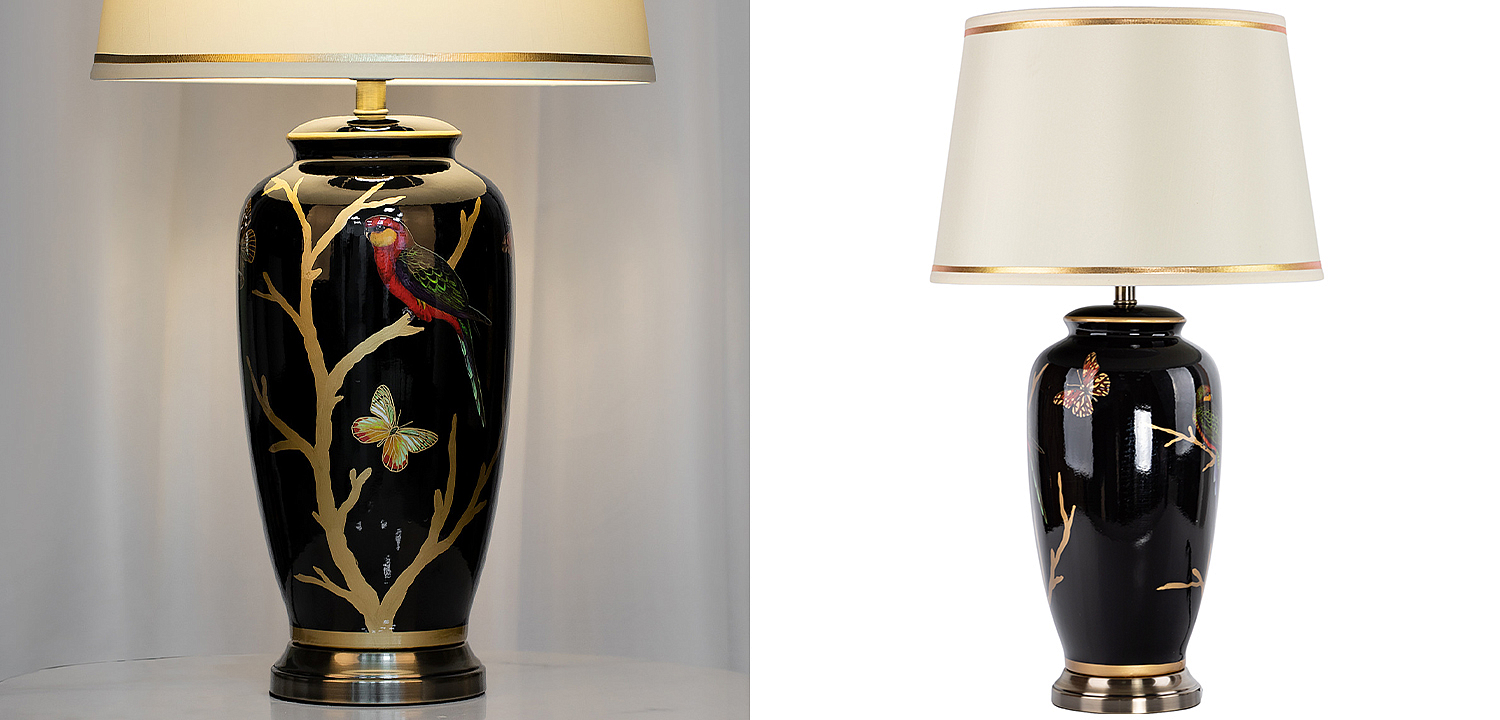 Настольная лампа с абажуром Bird on Golden Branches Black Lampshade Настольная лампа с абажуром Bird on Golden Branches Black Lampshade - Loft-Concept в Твери