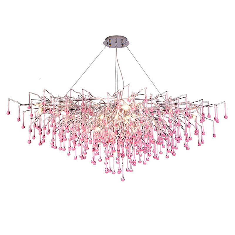 Люстра овальная с розовыми стеклянными подвесками в форме капель FAIRYTREE Light Серебристый Розовый в Твери | Loft Concept 