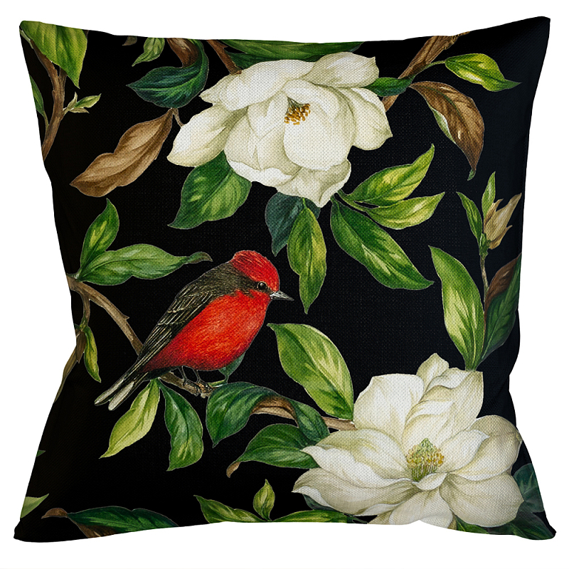 Декоративная подушка чёрная с изображением птиц и цветов Blooming Reds Birds Мульти Черный Декоративная подушка чёрная с изображением птиц и цветов Blooming Reds Birds Мульти Черный в Твери | Loft Concept