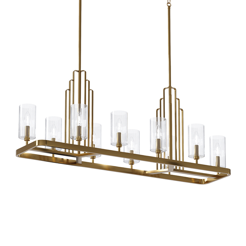 Люстра прямоугольная цвета латунь с прозрачными рифлеными цилиндрическими плафонами Kichler Латунь Прозрачное Стекло Никель в Твери | Loft Concept 