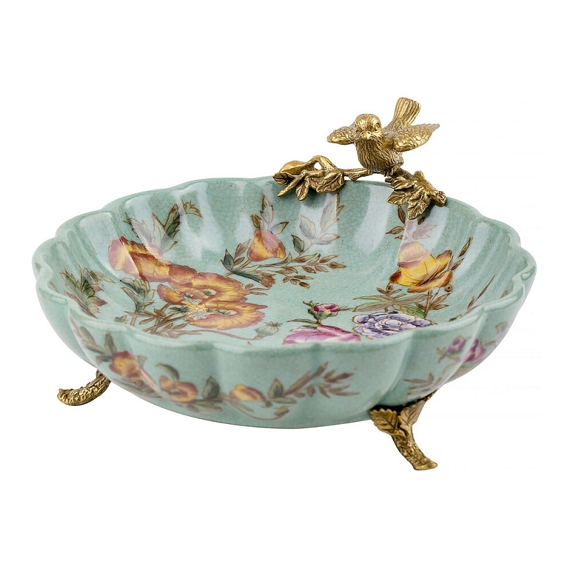 Блюдо из голубого фарфора с бронзовой птичкой Blue Garden Голубой Бронза Мульти в Твери | Loft Concept 