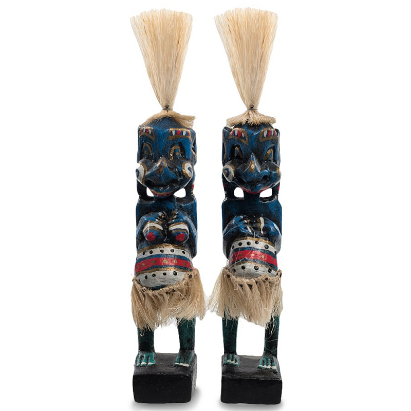 Комплект из 2-х деревянных статуэток Asmat Straw Headdress Statuettes Blue Colorful Tattoo Синий Черный Бежевый Красный Бирюзовый Мульти Комплект из 2-х деревянных статуэток Asmat Straw Headdress Statuettes Blue Colorful Tattoo Синий Черный Бежевый Красный Бирюзовый Мульти в Твери | Loft Concept
