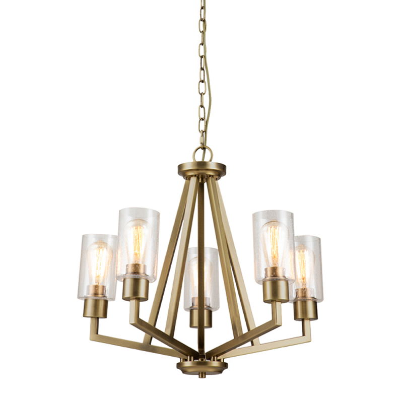 Люстра цвета латунь с 5-ю цилиндрическими плафонами из прозрачного пузырчатого стекла Kichler Латунь Прозрачное Стекло в Твери | Loft Concept 