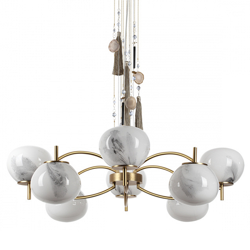 Люстра подвесная с 8-ю шарообразными плафонами из белого стекла с подвесками из камня и кисточками Agatelle Латунь Бежевый Серый Белый в Твери | Loft Concept 