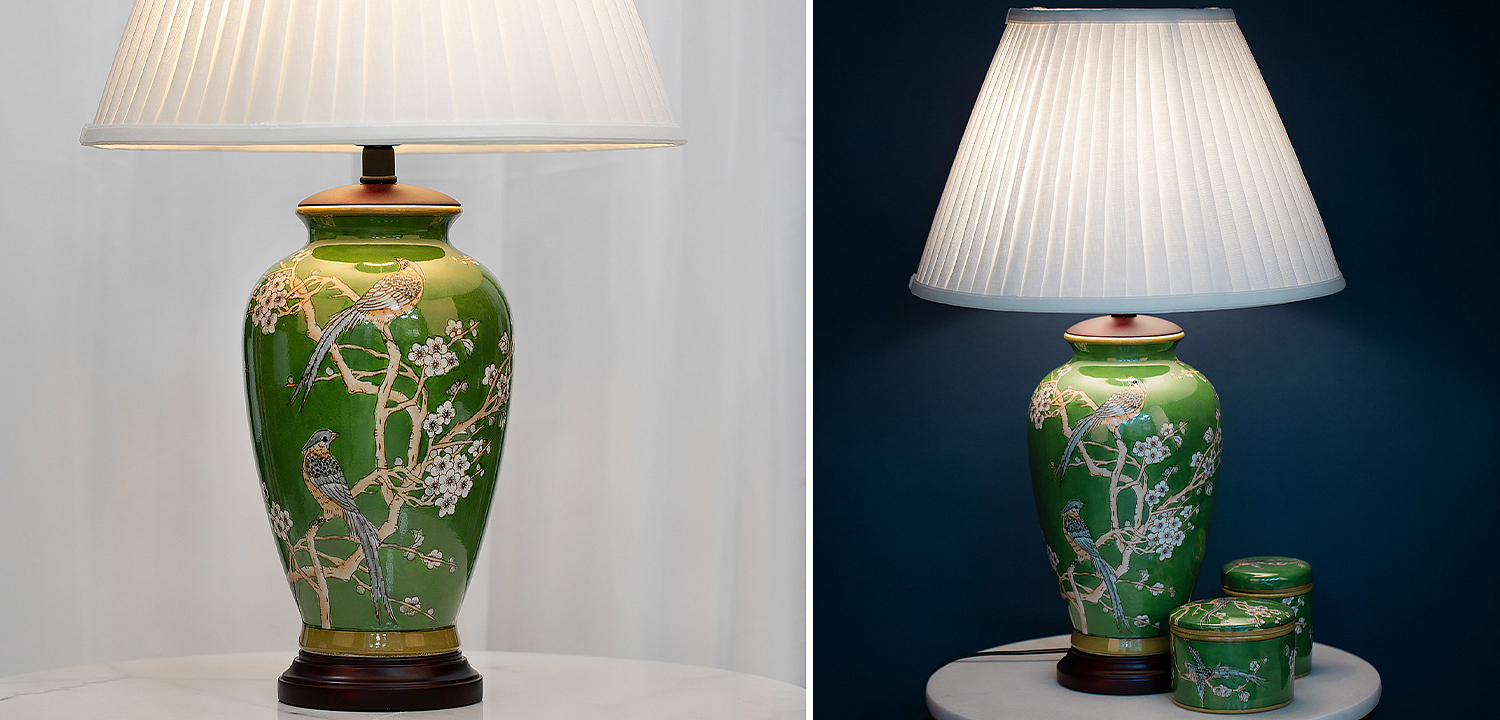 Настольная лампа с абажуром Birds Green Chinoiserie Lampshade Настольная лампа с абажуром Birds Green Chinoiserie Lampshade - Loft-Concept в Твери