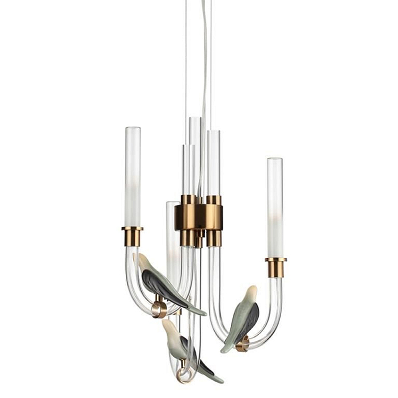 Подвесной светильник с 3-мя прозрачными изогнутыми трубками и декоративными птичками Ganthea Бронза Белый в Твери | Loft Concept 