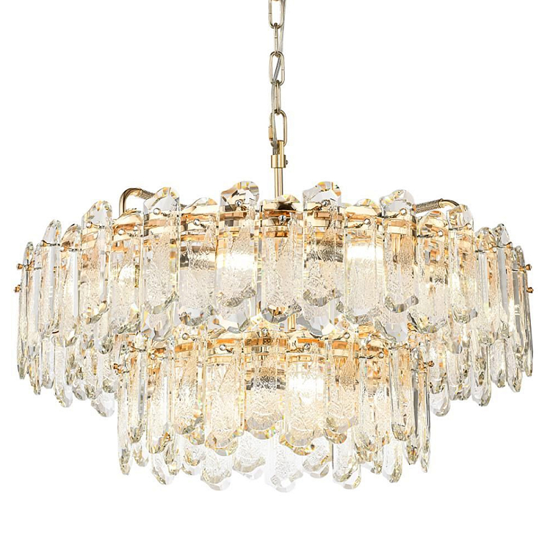 Люстра подвесная двухъярусная с хрустальными овальными подвесками Harmonica Золотой Прозрачный в Твери | Loft Concept 