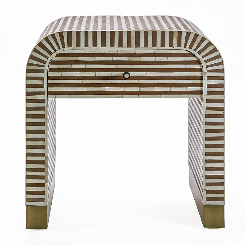Тумбочка прикроватная с ящиком Tofino Stripes Bone Inlay Bedside Beige ivory ( слоновая кость ) Коричневый Золотой в Твери | Loft Concept 
