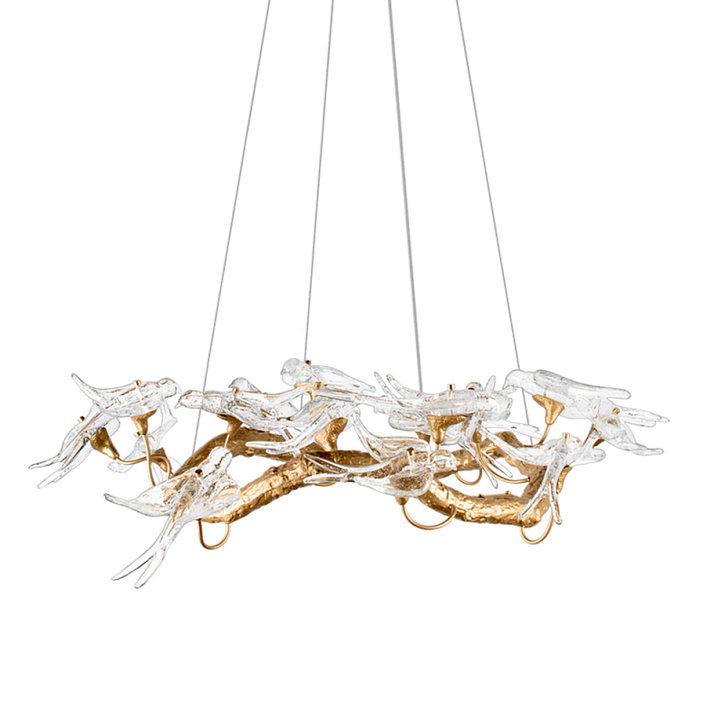 Люстра подвесная с прозрачными стеклянными птичками на ветвях Диаметр 80 см Serip Voa Медь Прозрачное Стекло в Твери | Loft Concept 