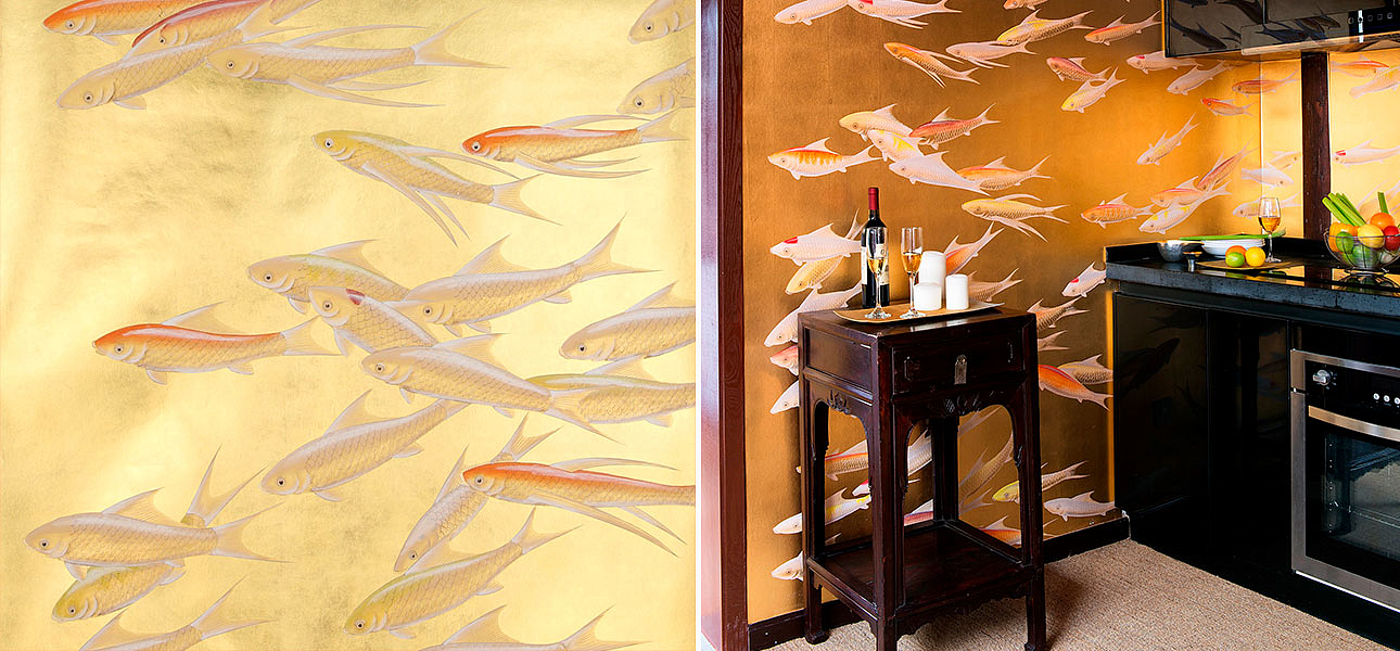 Обои ручная роспись Fishes Koi on Deep Rich Gold gilded paper Обои ручная роспись Fishes Koi on Deep Rich Gold gilded paper - Loft-Concept в Твери