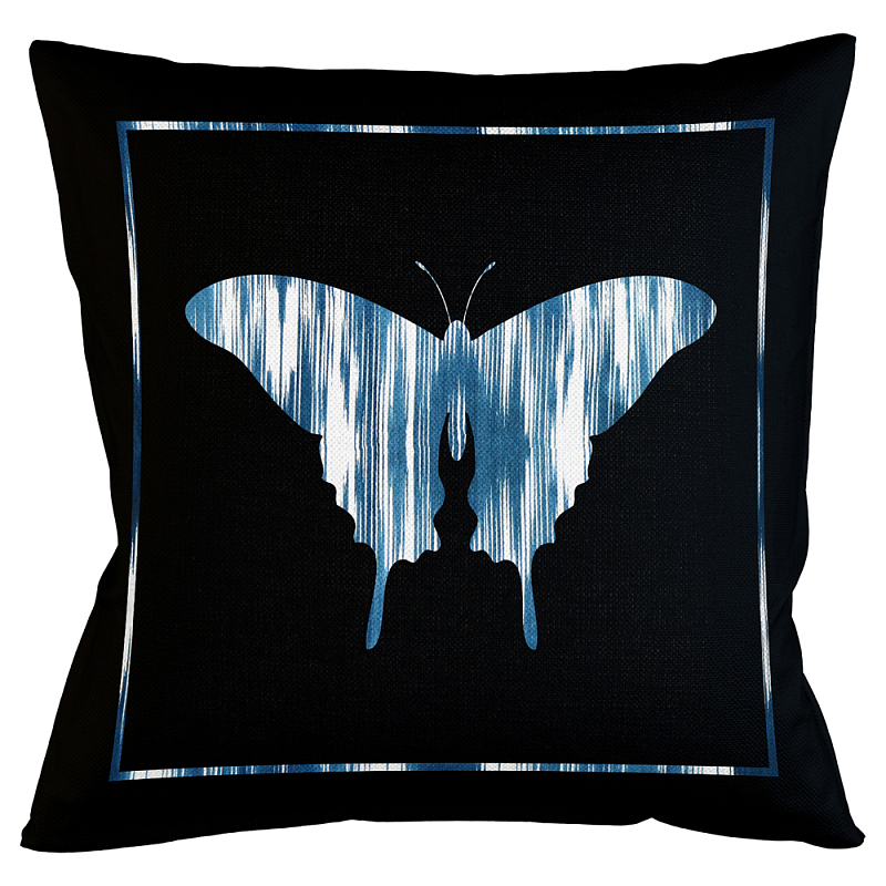 Подушка декоративная Бабочка с синим узором Ikat Pattern Черный Белый Синий Бежевый в Твери | Loft Concept 