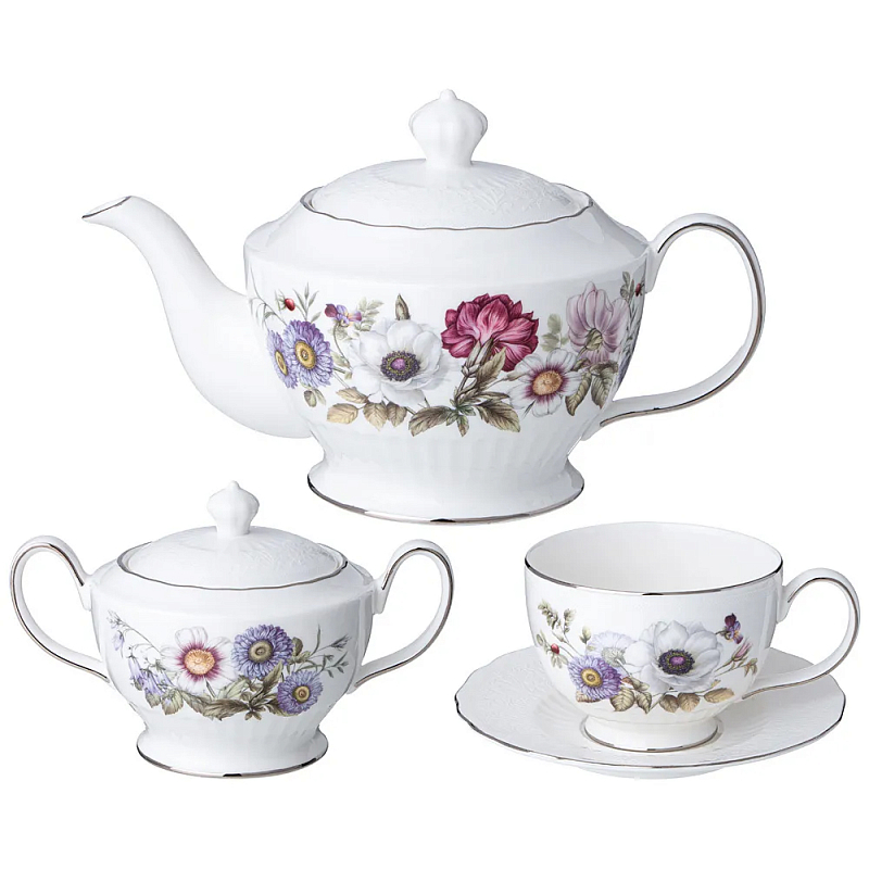 Чайный сервиз из фарфора с рисунком цветов на 6 персон 14 предметов Garden Whisper Porcelain Set Белый Мульти Чайный сервиз из фарфора с рисунком цветов на 6 персон 14 предметов Garden Whisper Porcelain Set Белый Мульти в Твери | Loft Concept