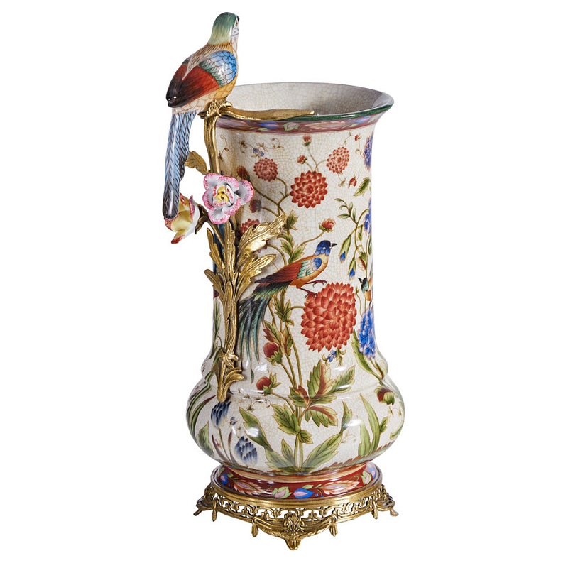 Ваза фарфоровая с птицей на бронзовой ветке и цветочной росписью Garden of Eden Бронза Мульти в Твери | Loft Concept 