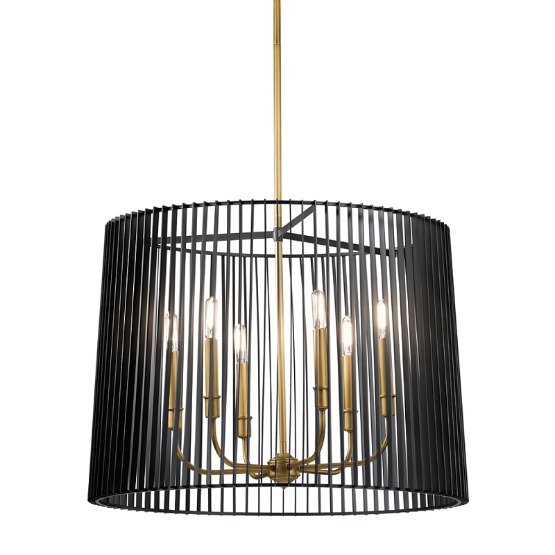 Люстра цвета латунь с 6-ю лампами свечами внутри цилиндрического абажура из черных металлических реек Kichler Латунь Черный в Твери | Loft Concept 