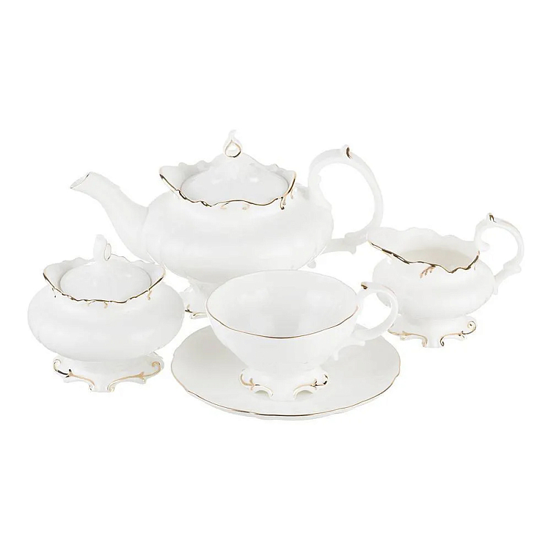 Чайный сервиз белого цвета из фарфора на 6 персон 15 предметов Shine Porcelain Белый Золотой Чайный сервиз белого цвета из фарфора на 6 персон 15 предметов Shine Porcelain Белый Золотой в Твери | Loft Concept