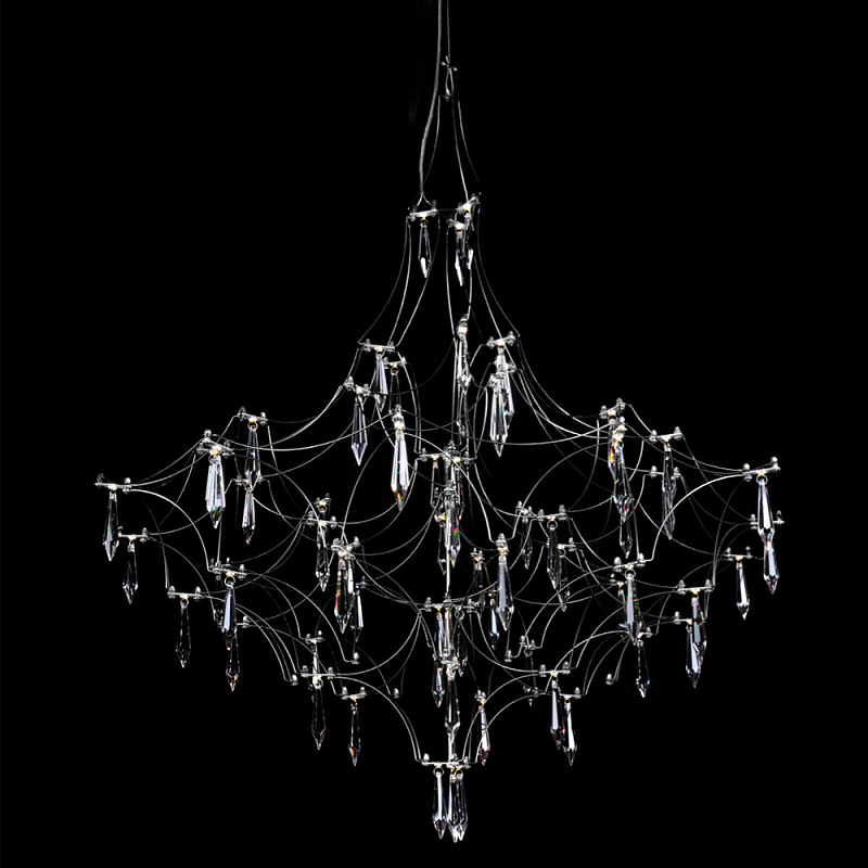 Люстра подвесная с изогнутыми металлическими линиями и хрустальными подвесками в виде капель Диаметр 80 см Quasar Прозрачное Стекло Серебряный Золотой в Твери | Loft Concept 