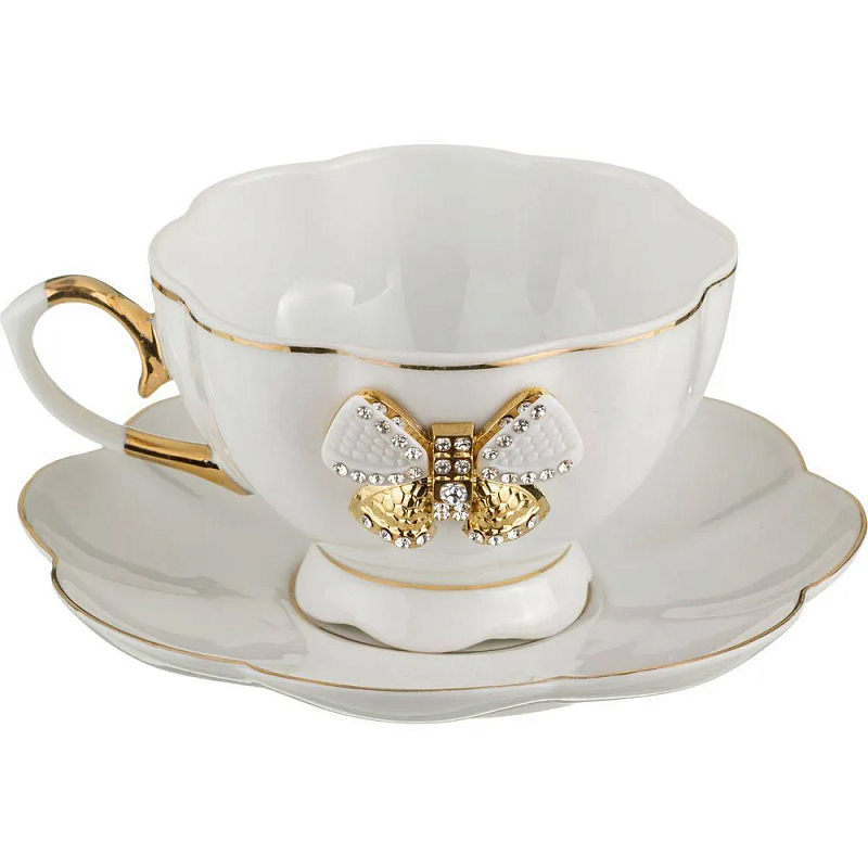 Чайная пара из фарфора со стразами Shine Porcelain Белый Золотой в Твери | Loft Concept 