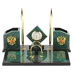 Настольный письменный набор из змеевика с часами и гербом Successful Leader варинант исполнения - 1 | Loft Concept в Твери