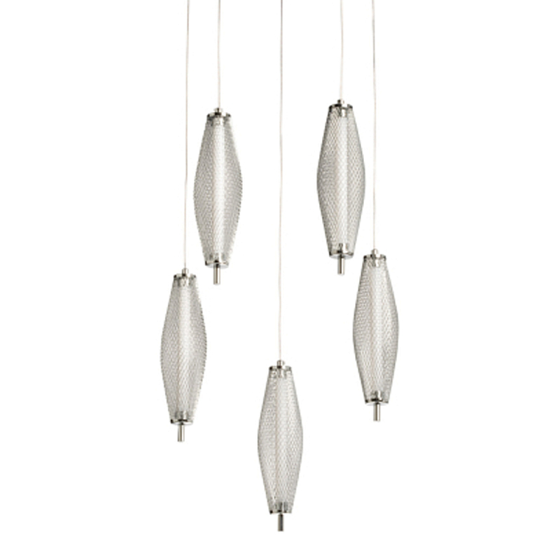 Люстра круглая каскадня с 5-ю плафонами из металлической сетки Mesh Lampshade Lighting Хром в Твери | Loft Concept 
