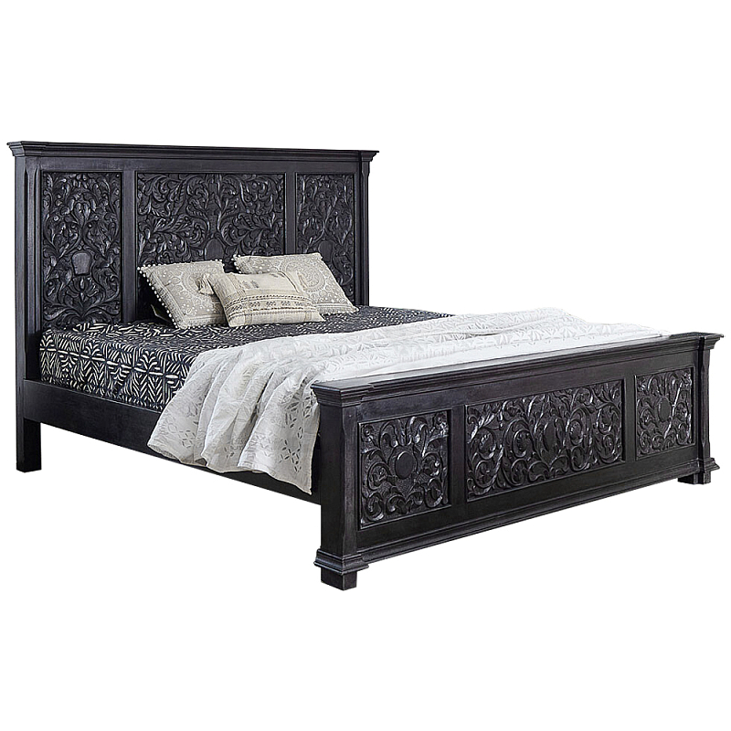 Двуспальная кровать из массива манго с резьбой Vega Grey Mango Bed Черный Серо-бежевый Двуспальная кровать из массива манго с резьбой Vega Grey Mango Bed Черный Серо-бежевый в Твери | Loft Concept