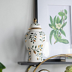 Ваза белая с крышкой с рисунком зеленых и золотых листьев 40 см Chinoiserie Ceramics варинант исполнения - 4 | Loft Concept в Твери