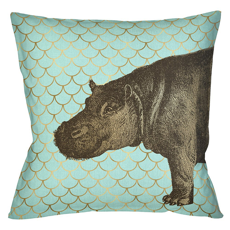 Подушка Safari light blue hippopotamus Бирюзовый Глянцевое золото Подушка Safari light blue hippopotamus Бирюзовый Глянцевое золото в Твери | Loft Concept