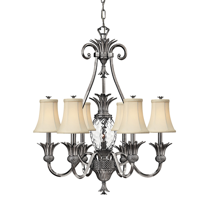 Люстра с 7-ю кремовыми текстильными абажурами Hinkley Никель Белый Бежевый Прозрачное Стекло Бронза в Твери | Loft Concept 