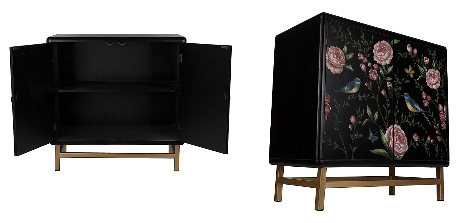 Комод с росписью птицы и цветы Black Chest Of Drawers Peonies Черный - Loft-Concept в Твери