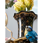 Ваза черная фарфоровая с  узором и бронзовым декором в виде веток с фарфоровой птичкой и цветами Eden Garden варинант исполнения - 4 | Loft Concept в Твери