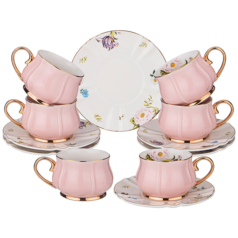 Чайный набор из фарфора на 6 персон 12 предметов Tea Porcelain Set Белый Золотой Розовый Чайный набор из фарфора на 6 персон 12 предметов Tea Porcelain Set Белый Золотой Розовый в Твери | Loft Concept