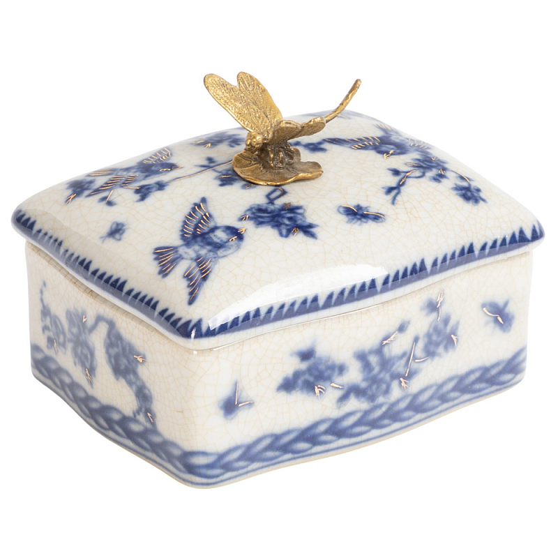 Фарфоровая шкатулка с бронзовой стрекозой Blue and White Синий Бронза Белый Фарфоровая шкатулка с бронзовой стрекозой Blue and White Синий Бронза Белый в Твери | Loft Concept