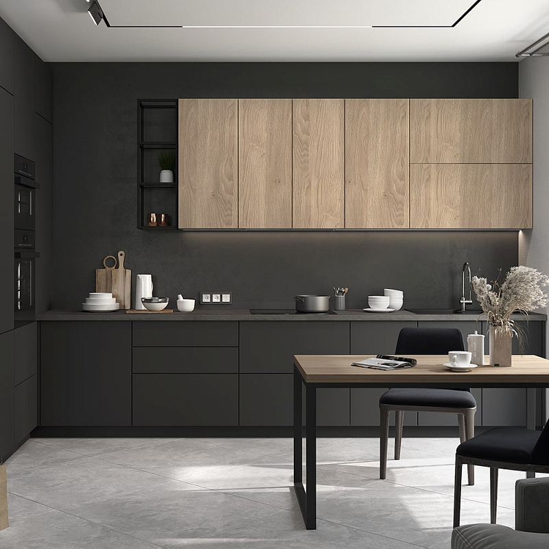 Черный матовый кухонный гарнитур с фасадом под дерево Renart Kitchen Set Черный матовый Древесина Черный матовый кухонный гарнитур с фасадом под дерево Renart Kitchen Set Черный матовый Древесина в Твери | Loft Concept
