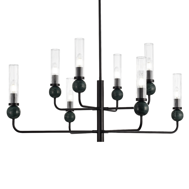 Люстра с 8-ю плафонами в форме стеклянных трубок и мраморных декоративных элементов Montreal Белый Черный Прозрачный Латунь в Твери | Loft Concept 