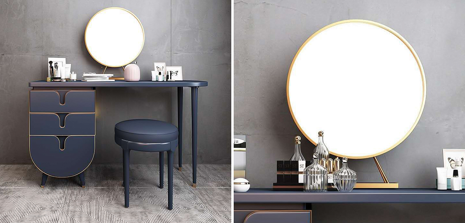 Комплект из туалетного стола, зеркала и пуфа Conna Dressing Table Blue Комплект из туалетного стола, зеркала и пуфа Conna Dressing Table Blue - Loft-Concept в Твери