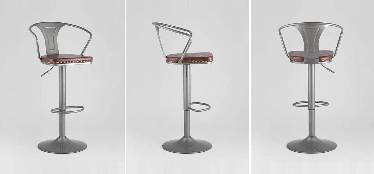 Барный Стул Tolix с Подлокотником Серебристый Металл Сидение Коричневая Экокожа - Loft-Concept в Твери