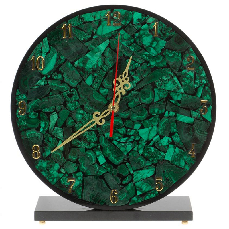 Часы настольные круглые из натурального камня Малахит Round Stone Clock Черный Зеленый в Твери | Loft Concept 